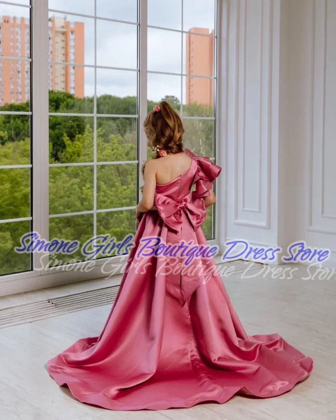 Robe à fleurs en Satin pour filles, épaules dénudées, dos nu, nœud asymétrique, pour cérémonies de mariage, spectacles de danse, réceptions formelles, fête