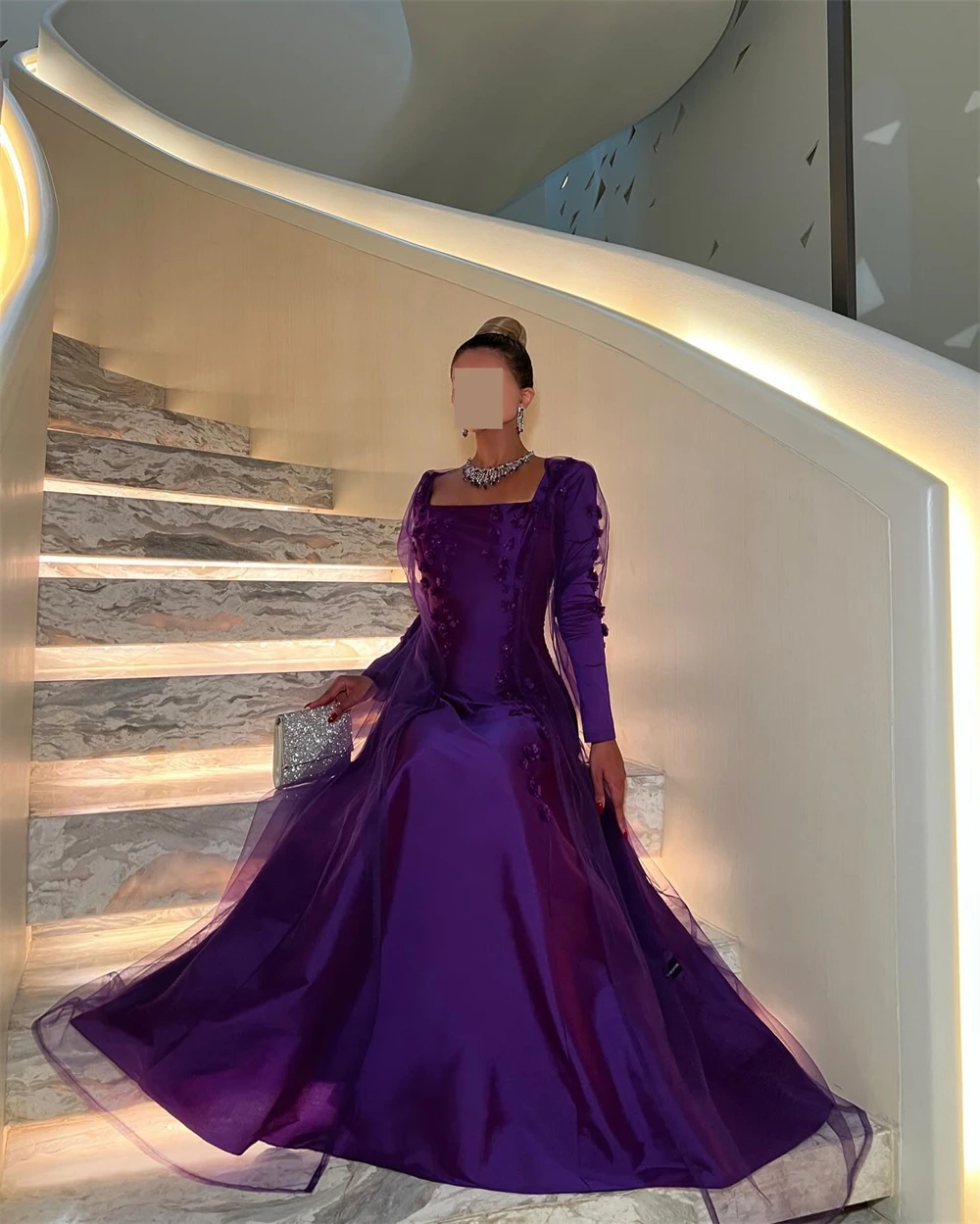 Customized Evening Dress Exquisite Purple Satin Square Collar Off the Shoulder Long Sleeves Appliques Pearls Ruched Prom Gowns