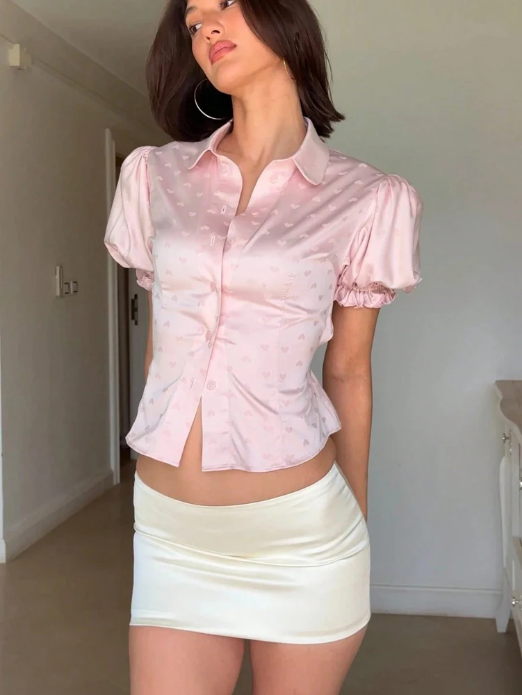 Bubble Short Sleeve Button Shirt Elegant Lovely Shaped Color Din Back Tie Rope Blouse Solid Color Sweetheart