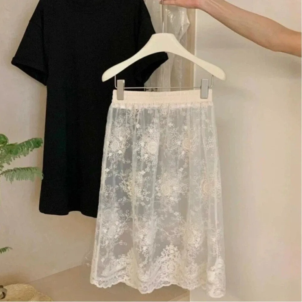 High Waist Lace Underskirt Slips Sweet Long Mesh Underskirt Slips Dress Transparent Embroidery Flower Safety Skirt Petticoat