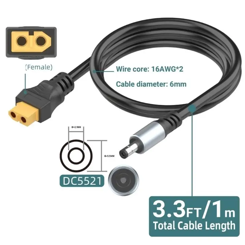 DC5521 to XT60F Power Cable with Two 16AWG Wires and PVC Covering for a Direct Transfer Between Matching Terminals D2RC
