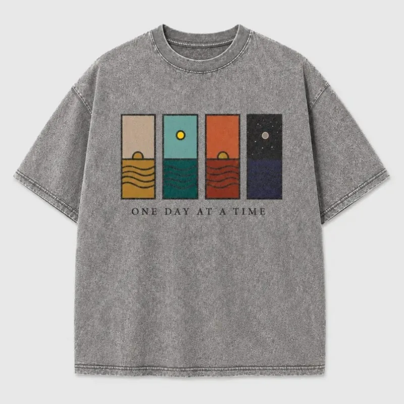 One Day At A Time Acid Wash T-Shirt Oversized Vintage Graphic Tees Minimalist Sunset Shirt Inspirational Unisex Streetwear Tops