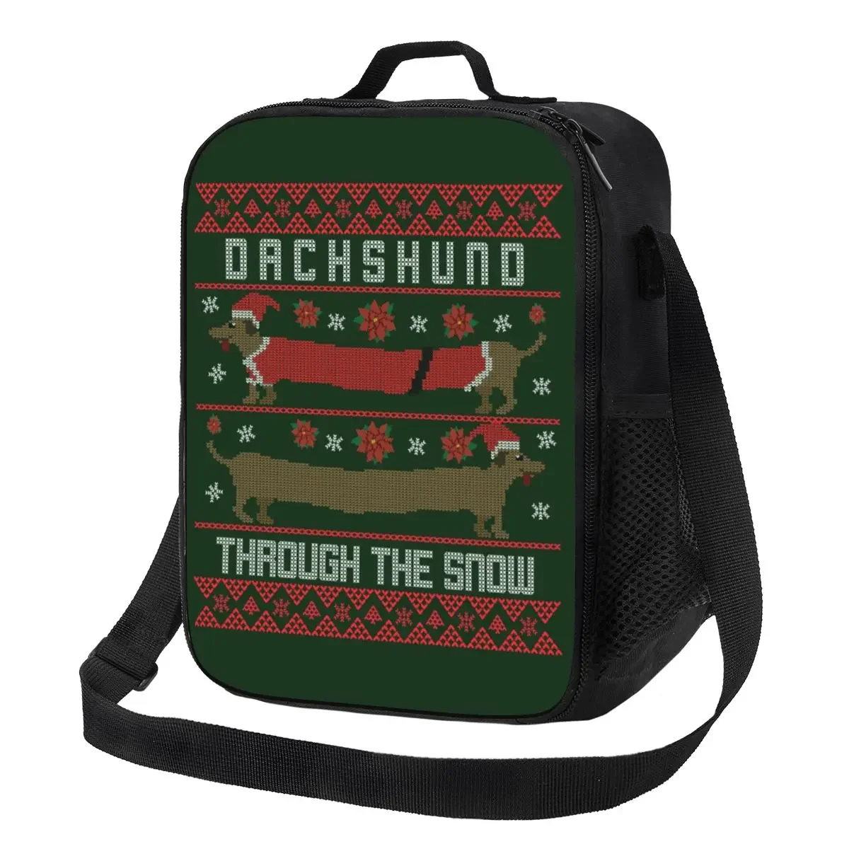 

Custom Christmas Dachshund Through The Snow Lunch Bag Women Warm Cooler Insulated Lunch Box for Kids School