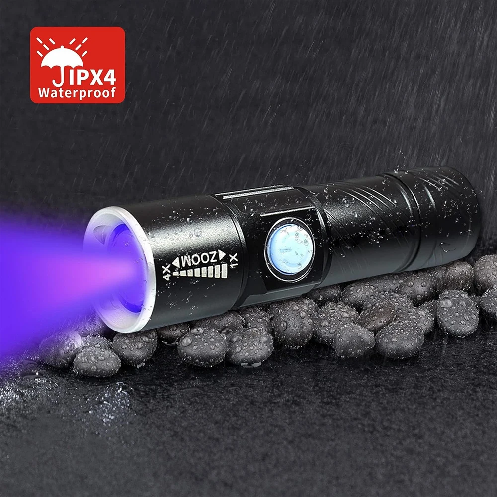 UV Light Rechargeable USB Flashlight 395nm Blacklight Ultraviolet Lamp LED Portable Mini Handheld Torch Dog Urine Stain Detector