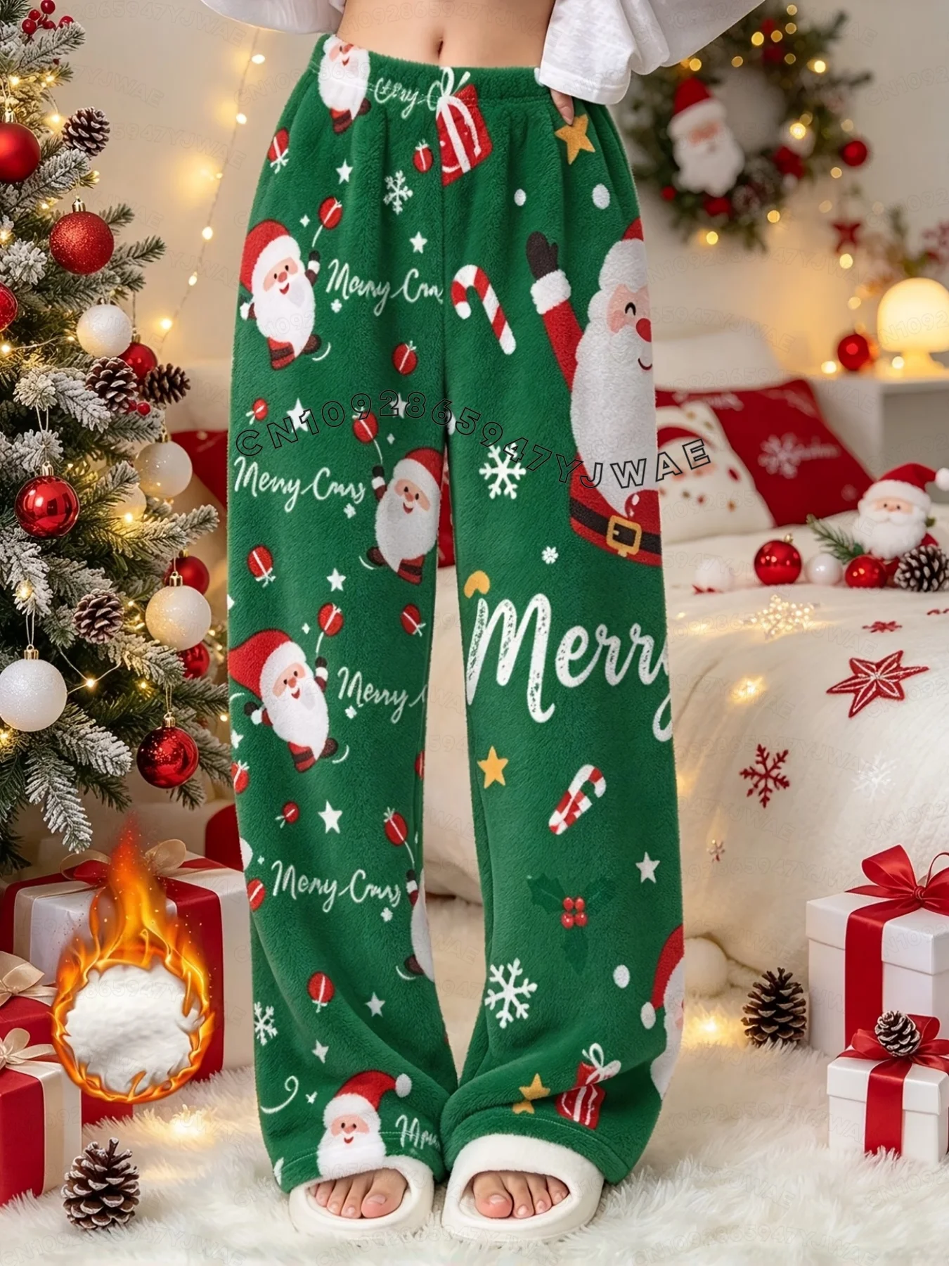 2026 Winter Women Fun Christmas Plush Pajama Pants Trousers Santa Claus Snowflakes Pattern Women Home Anime Cartoon Pajama Pants