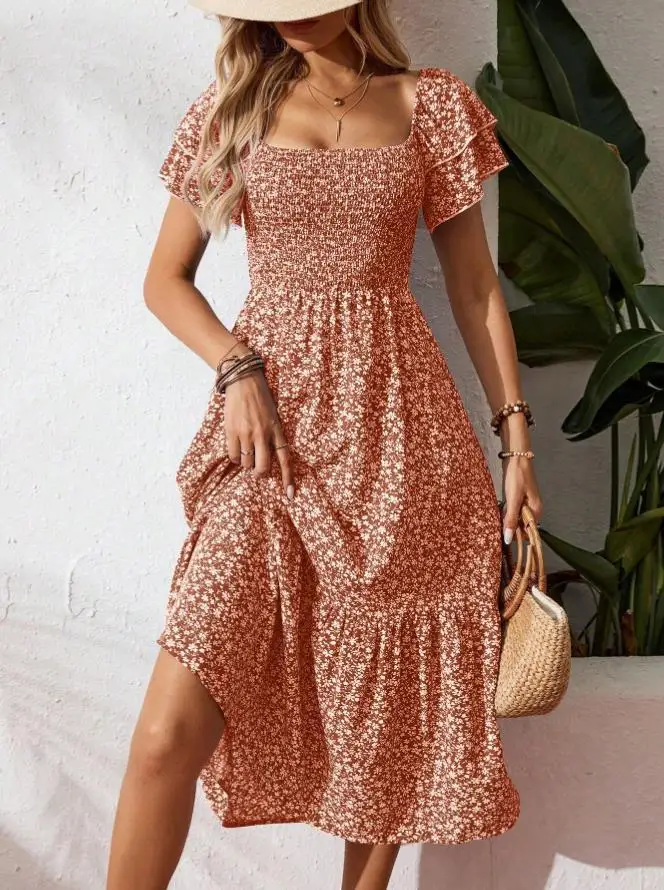 الأوروبية والأمريكية الجديدة عبر الحدود أتمنى الأمازون الساخن بيع ساحة الرقبة نفخة الأكمام فستان زهري فستان طويل