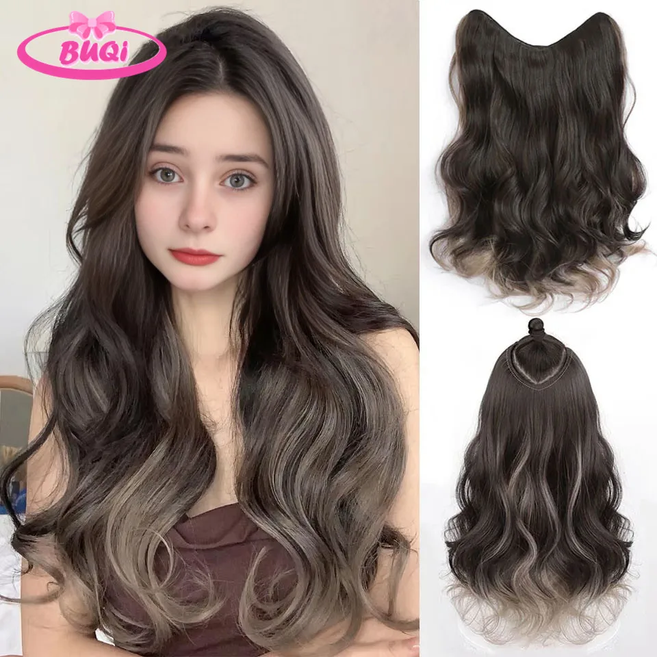 OLACARE Synthetic Long Curly Wavy U-Shaped Half Head Wig for Women Black Brown Clips in Hair Extension Natural Fake Hairpieces