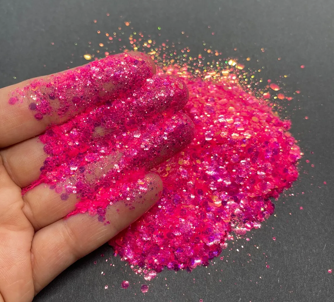 

50g Pink Iridescent Orange Chunky Glitter, Chunky Glitter Mix Chunky Glitter-Neon Iridescent hot pink glitter for Pink Glitter
