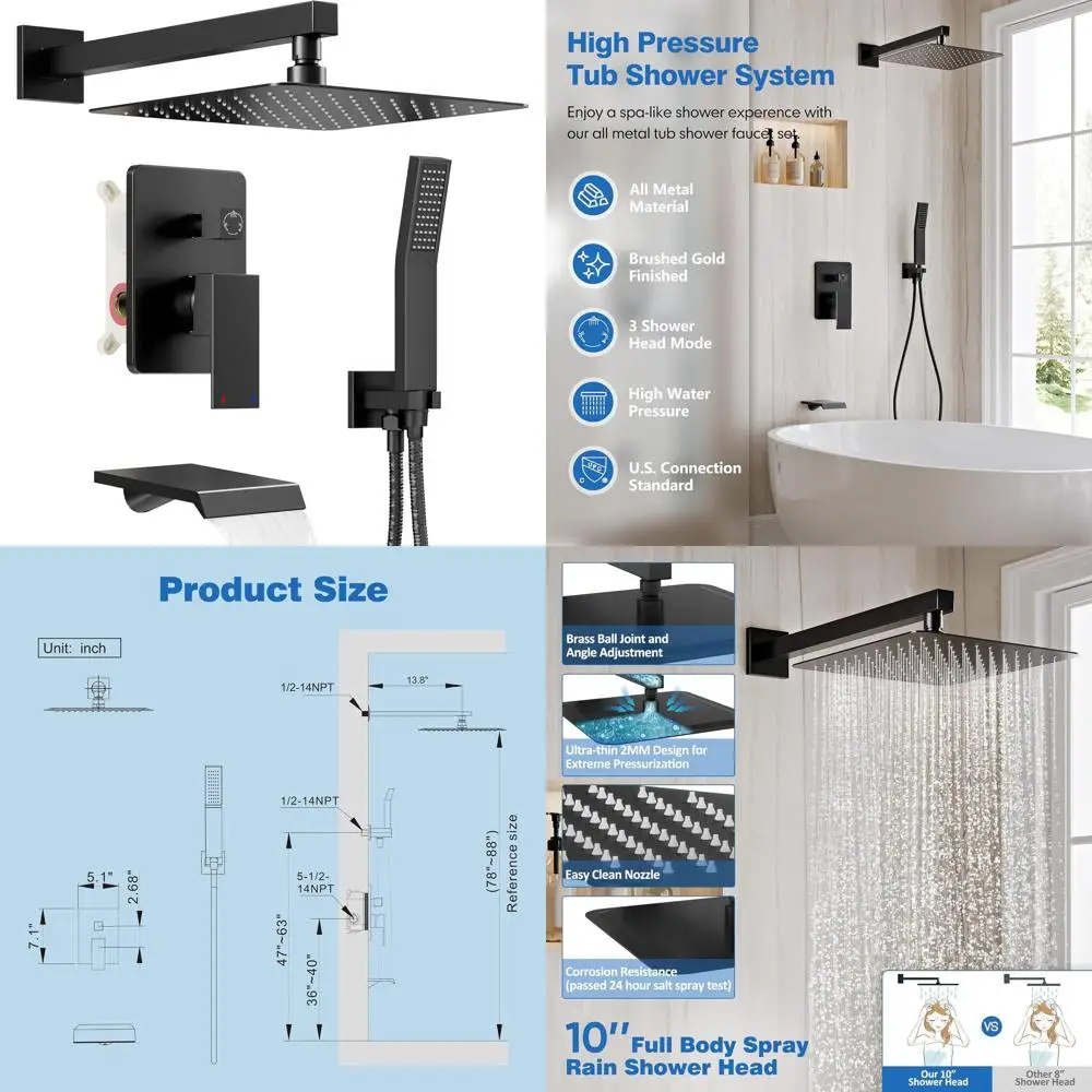 

Matte Black Metal Tub Shower System with 10 Rain Shower and Handheld Combo, Wall-Mounted with Valve and Trim