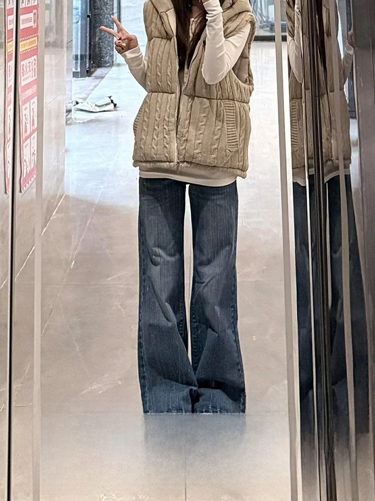 

Американские джинсы с высокой талией, зауженные, с широкими штанинами, темно-синие, женские, осенне-зимние, новинка 2026, драпированные, в стиле High Street...