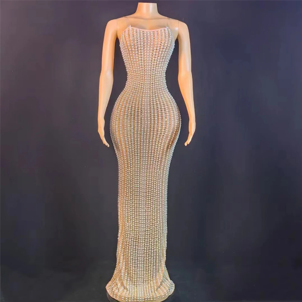 Maßge schneiderte neue sexy Spitze transparente Diamant Perle Pailletten Feder Wasser Diamant Wrap Hüfte Kleid langes Kleid Performance-Kleid