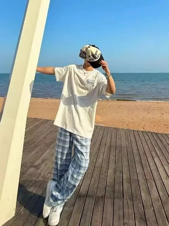 

American Sle Men's Casual Loose Straight Leg Pants Blue Plaid Four Seasons Streetwear Versatile Lazy Loose Straight Leg Tro...