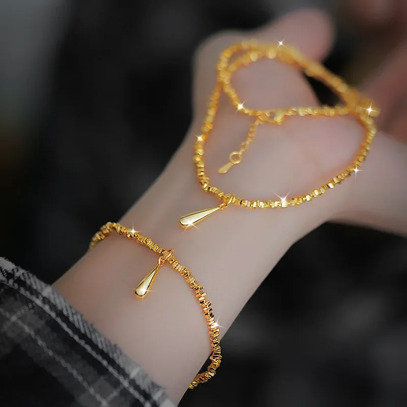 9999 24K Real Gold Shattered Gold Water Droplet Bracelet Necklace with High-end Feel Light Luxury Shattered Gift for Women Girl