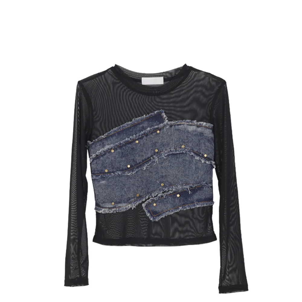 Vintage Mesh Denim Patchwork Design Round Neck Womens Top Fitted Silhouette Long Sleeve Top Studded Design Tee Womens Clothing
