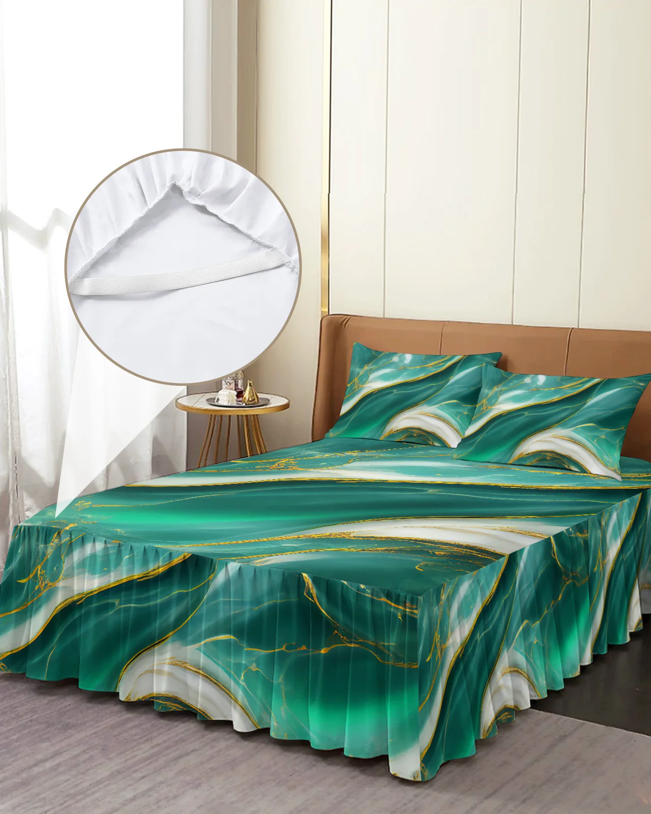 

Marble Texture Green Bed Skirt Elastic Fitted Bedspread With Pillowcases Bed Protector Mattress Cover Bedding Set Bed Sheet