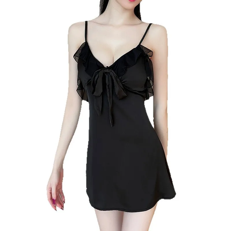 

New French sexy bow v-neck suspender nightdress female summer Internet celebrity pure desire style home nightdress cw45059