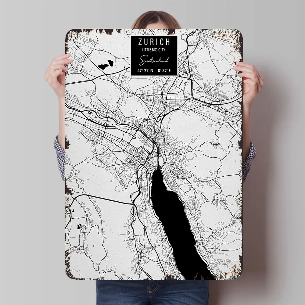 Zurich City Map Metal Wall Art Switzerland Landmark Decor Modern Minimalist Home Decoration for Living Room Study
