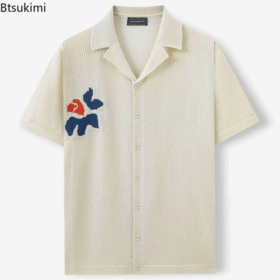 Fashion New Men's Summer Ice Silk Knitted 2-pieces Cuban Collar Short Sleeve Shirt and Shorts Male Beach Casual Vacation Outfits