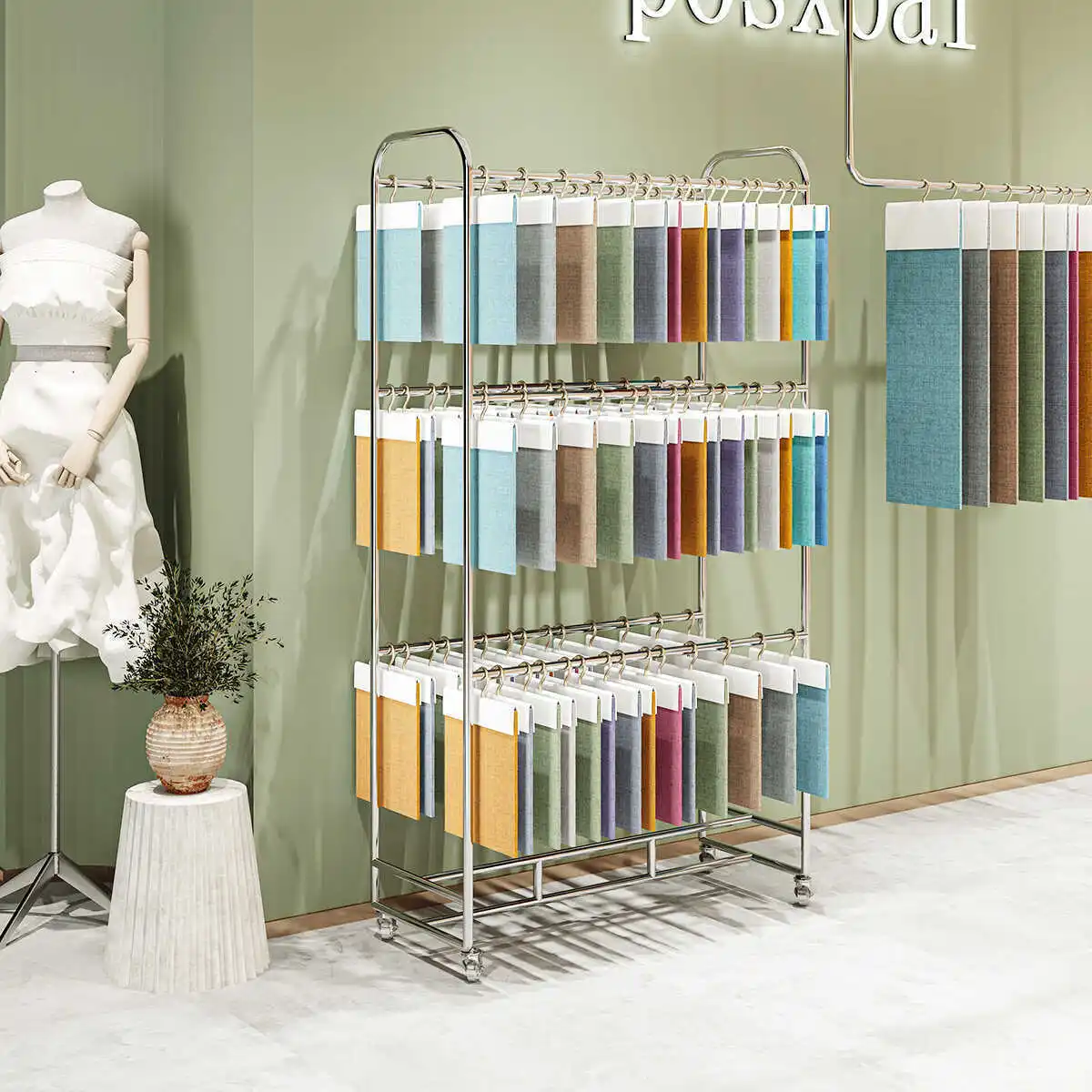 Movable stainless steel brushed silver fabric sample multi-layer double-sided textile elevator display stand