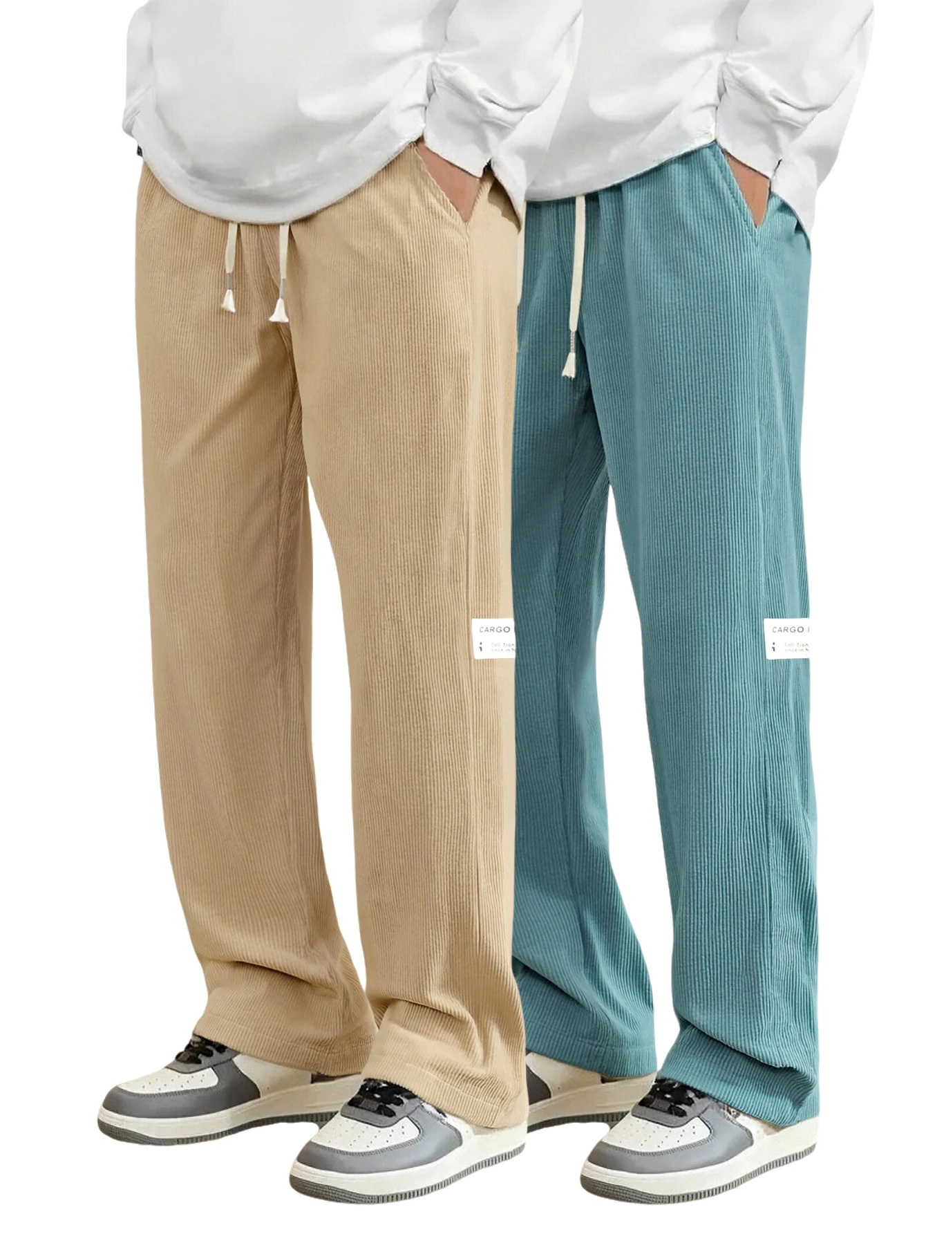 

Men'S Corduroy Straight Leg Pants with Drawstring Waist, Pockets, and Logo Design - Stretchy, Casual Fit for Everyday Wear, Spri