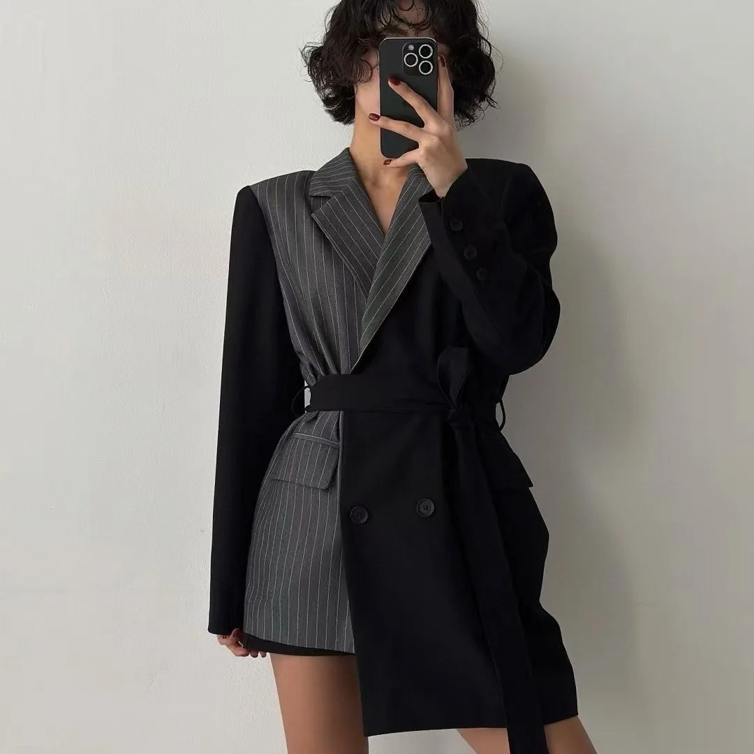 

Women's Chic Retro Striped Suit Jaet Asymmetric Splicing Belted Top Faionable Commute Sle Korean Trend