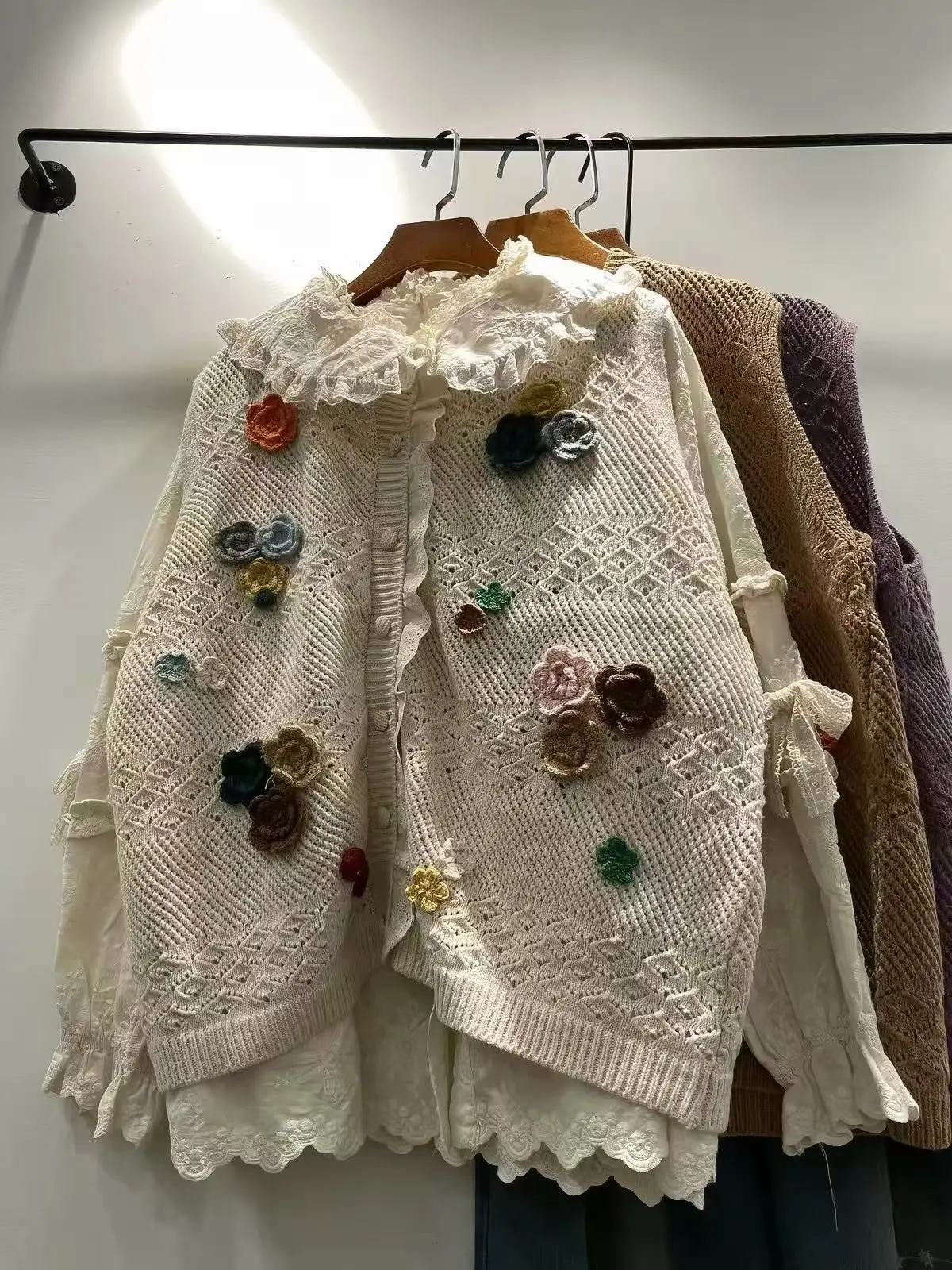 Women Mori Girl Knit Waistcoat Round Neck 3D Colorful Flower Crochet Applique Hollow Sleeveless Cottagecore Sweater Vest