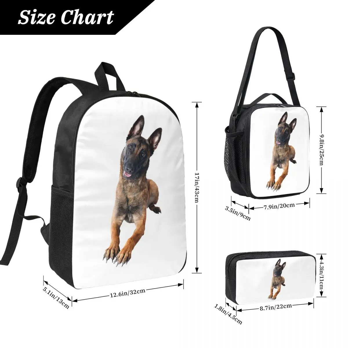 Belgian Shepherd Dog Malinois Backpack Student BookBag School Bag Computer Shoulder Bags 3ps Insulated Lunch Bag Pencil Case