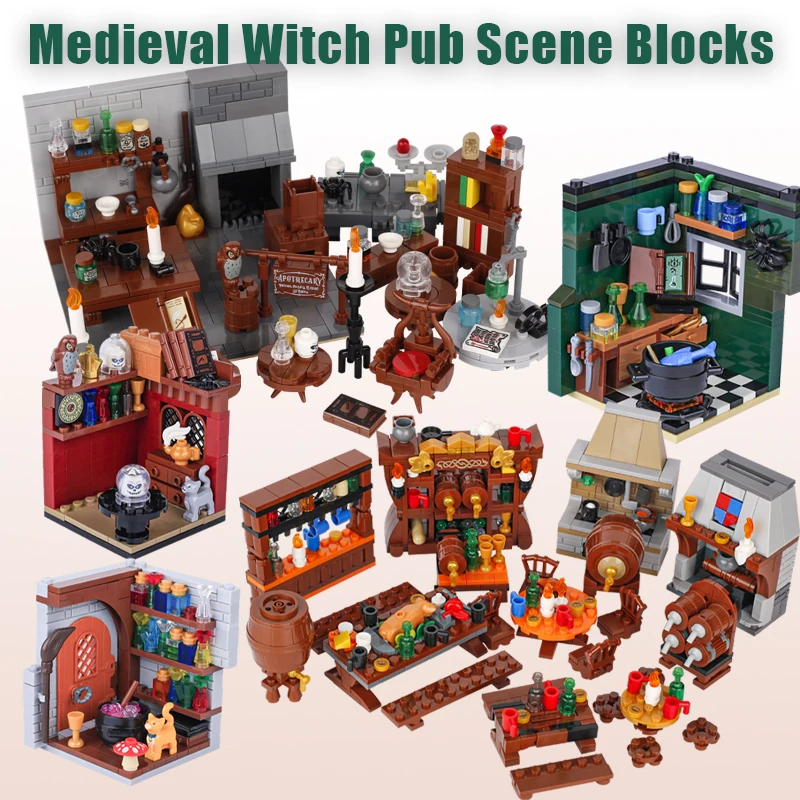 MOC Medieval Wizard Scene Building Blocks Shop Laboratory Stovepipe BedroomTable Pharmacis Book Candle Witch Skeleton Bricks Toy