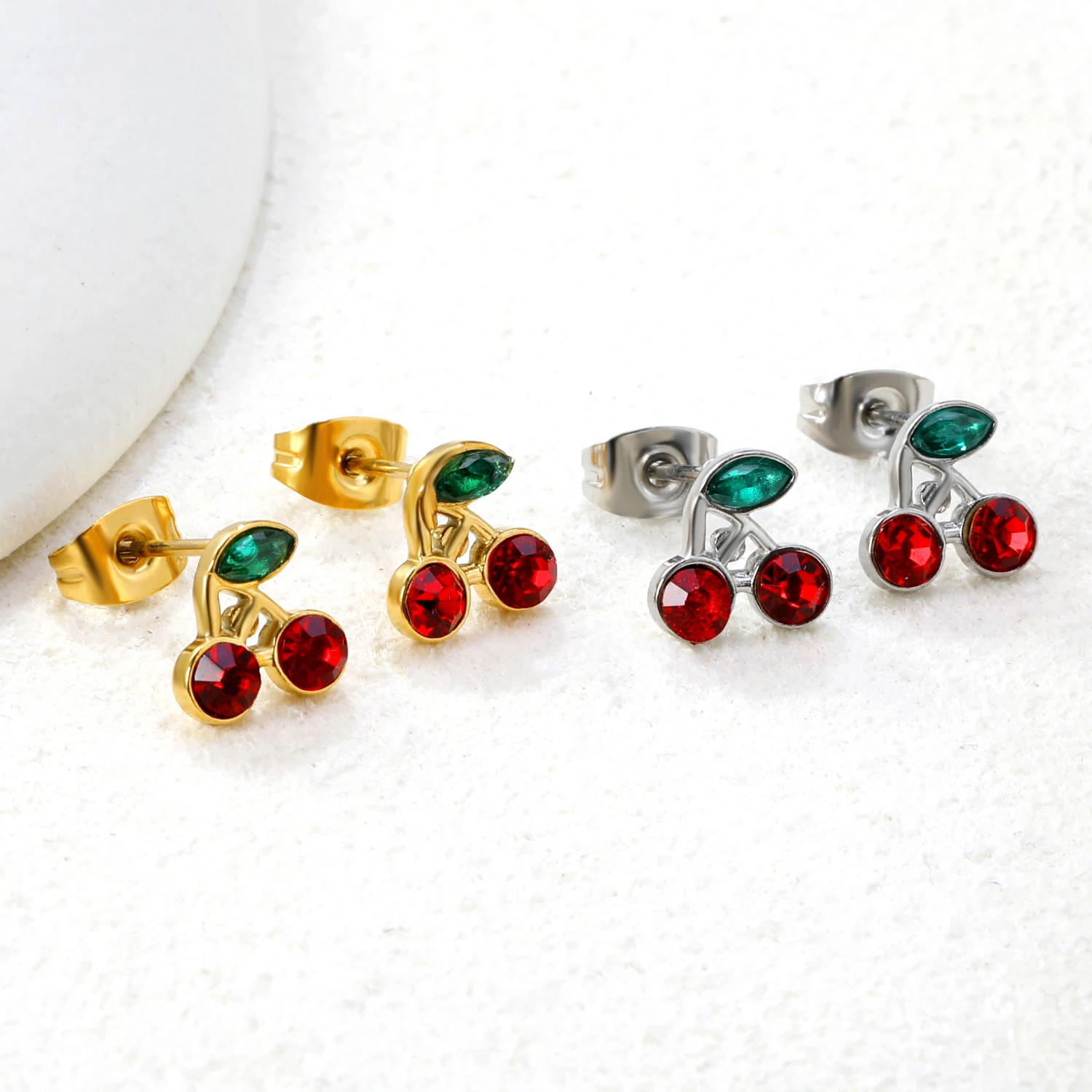 Bulk Lots 3Pairs Stainless Steel Cherry Rhinestone Earrings Dual Color Cute Fruit Jewelry Wholesale For Small Business
