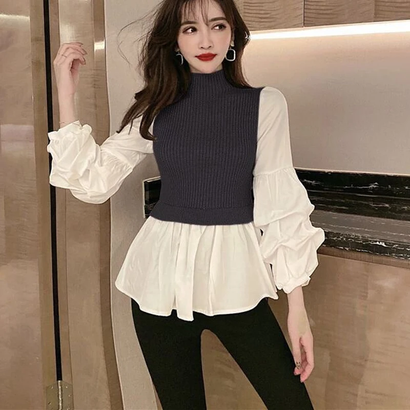 Spring Autumn Slim Patchwork Shirt Tops Long Sleeve Contrast Fake Two Piece Elegant Pullovers Vintage Fashion Women Clothing