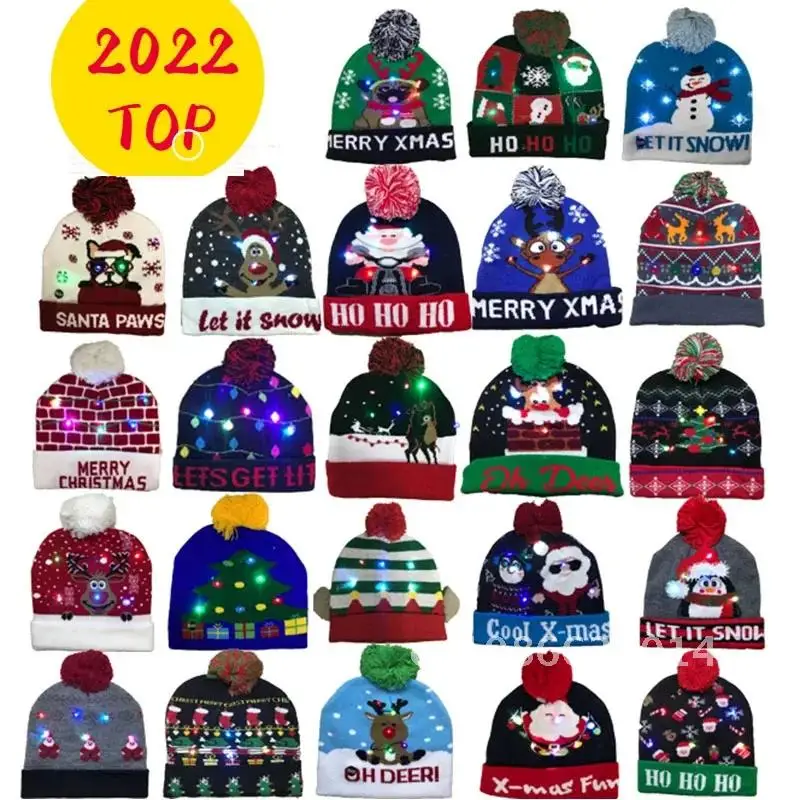 LED Knitted Christmas Hat Beanie Illuminate Light Up Warm Hat Christmas Tree Snowman Kids Adults New Year Christmas Decor