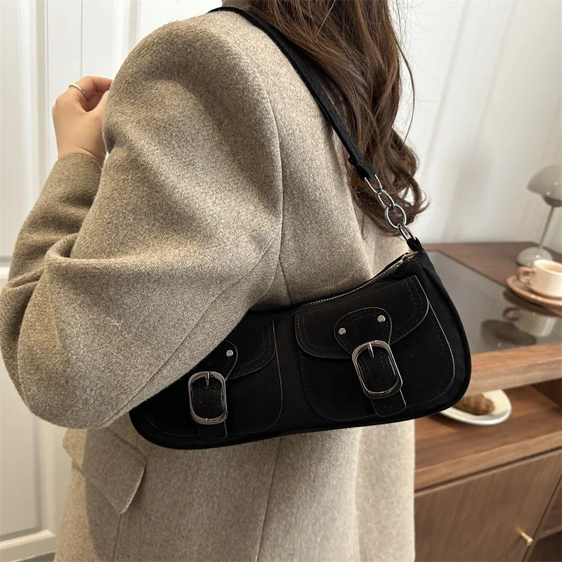 Autumn Vintage Women Suede Shoulder Bags Double Pocket Lock Design Ladies Underarm Bag Solid Color Female Phone Handbags Purse
