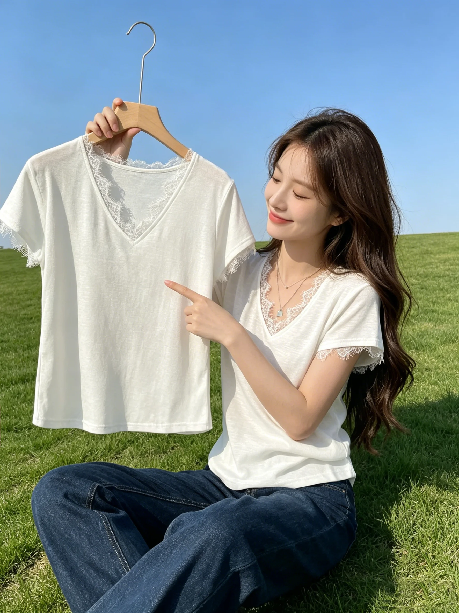 

Ice Silk Lace Short Sleeve T-Shirt Women's V-Neck Loose Top Summer plus Size Slimming Shoulder Width Pure Color Cotton Blend