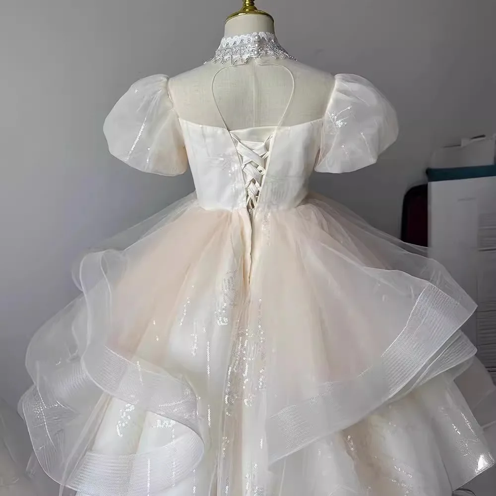 luxury Girls Princess sequin Children Beading tutu Wedding Gown Short sleeve Kids Dresses baby infant Birthday Party Dress