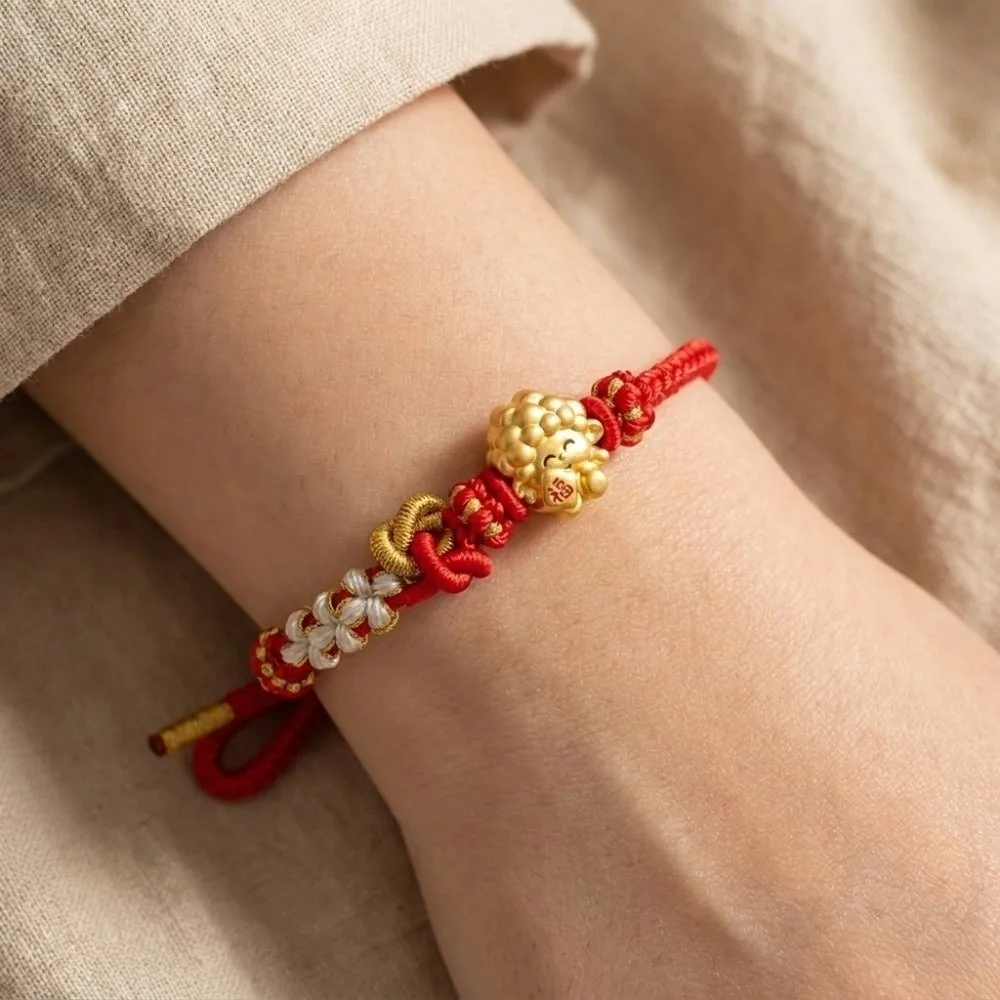 Alloy Zodiac Goat Bracelet Braided Gold Plated Red String Hand Chain Lightweight Adjustable Size Chinese Knot Bracelet