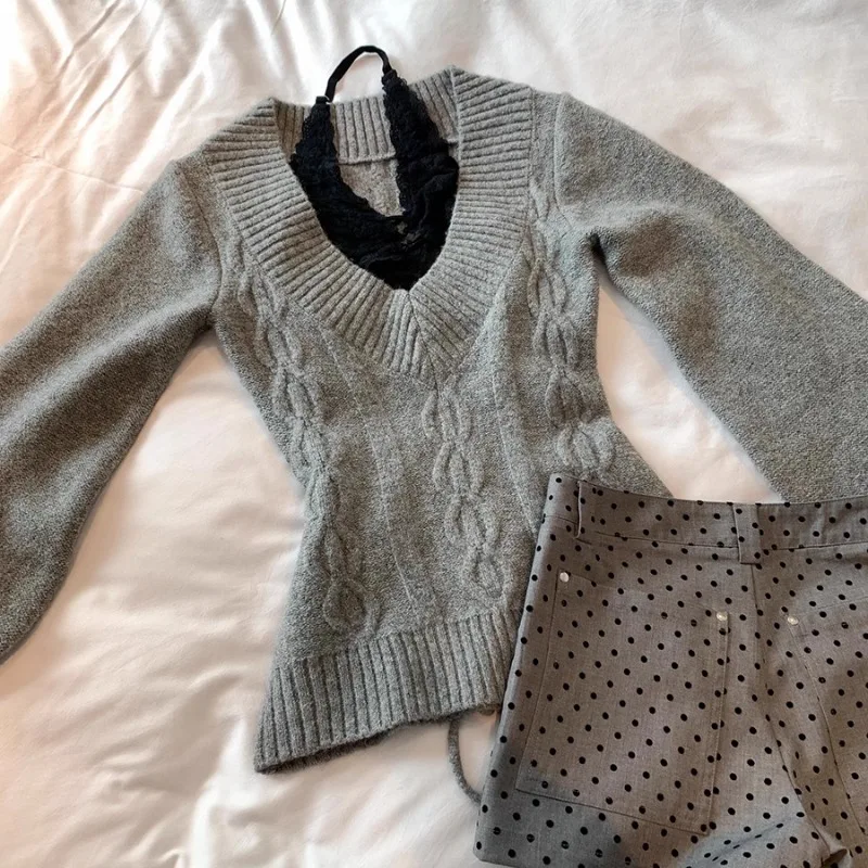 

Vintage V-neck Gray All-match Knitted Pullover 2025 Autumn New Bottoming Tops Women Y2k Slimfit Long Sleeve Sweaters Mujer