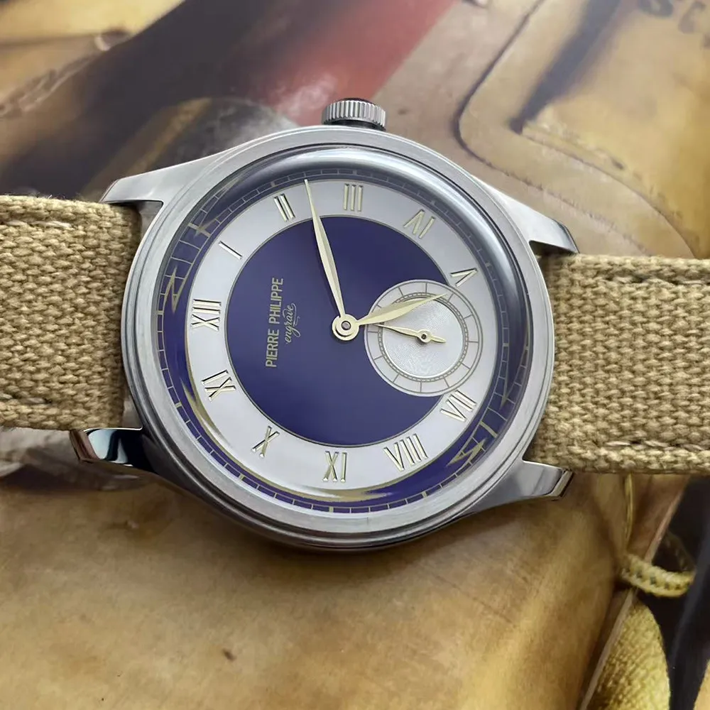 Purple Enamel Engraved Men's Hand-Wound Mechanical Watch, Roman Numerals, Niche Vintage Watch