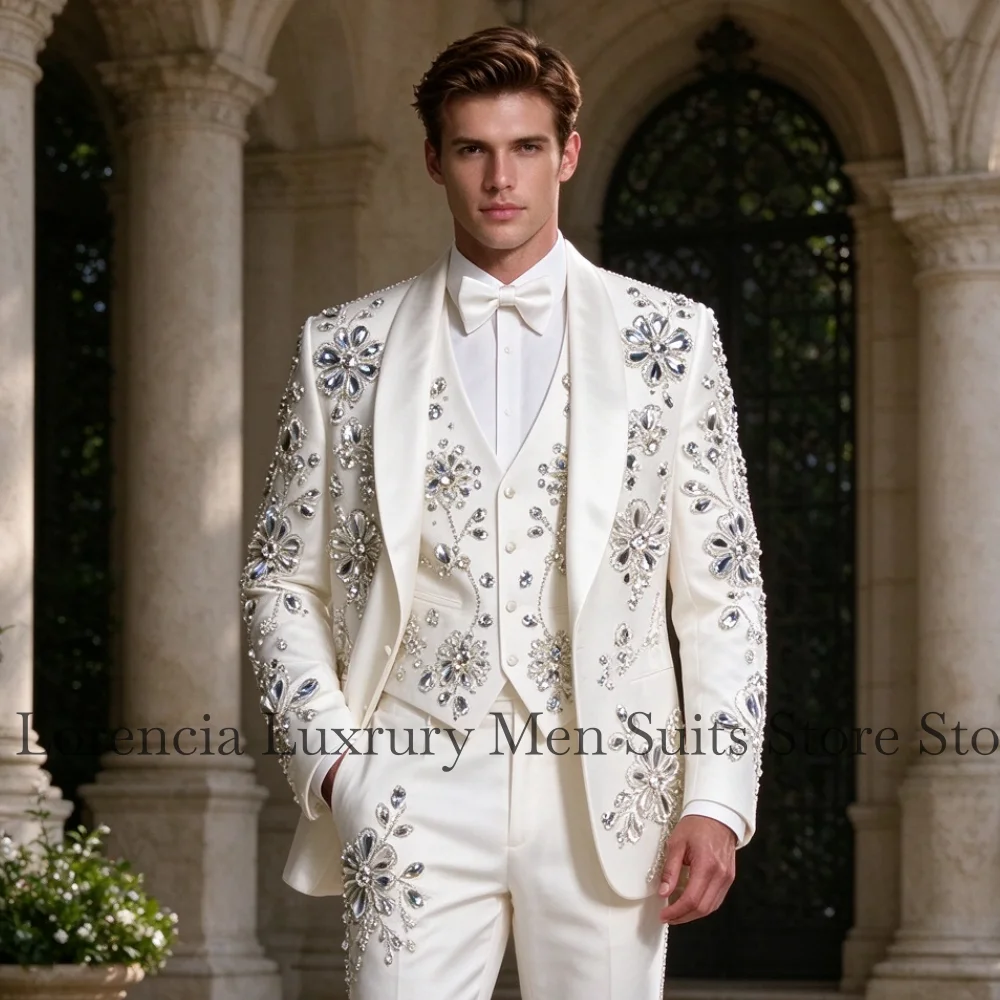 Luxury Sequin Crystal Men Suit Customized Corset Gem For Prom Groom Male Wedding Party Graceful Blazer 3 Pieces Set Tuxedos Slim