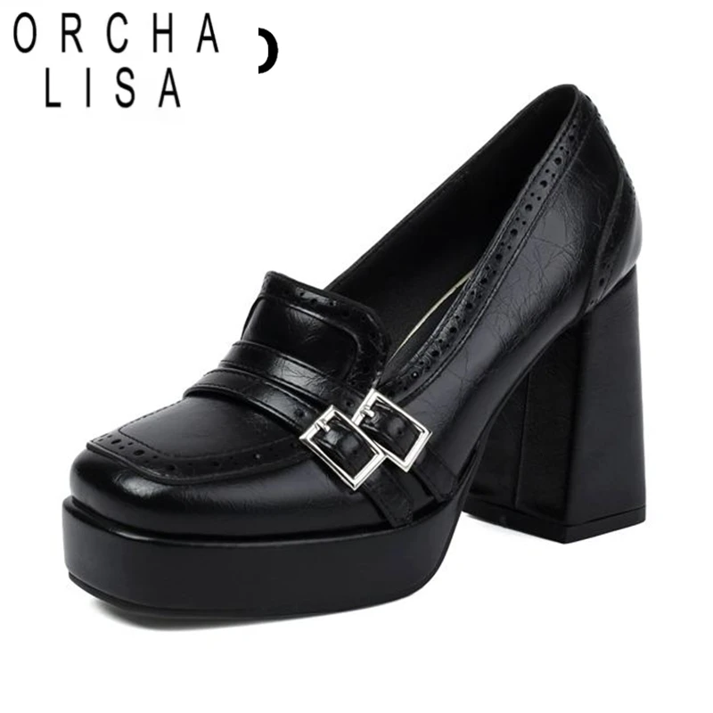 

ORCHA LISA Классические женские туфли-лодочки с квадратным носком на массивном каблуке 9,5 см на платформе 2,5 см без шнуровки с металлическим украшением 41 42 43 Повседневная обувь в стиле ретро