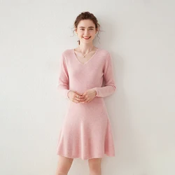 Autumn Winter Women Dress Short Dress Cashmere Knit Jumpers 2024 New Fashion Soft V-Neck Long Sleeve Female Above Knee Pullover