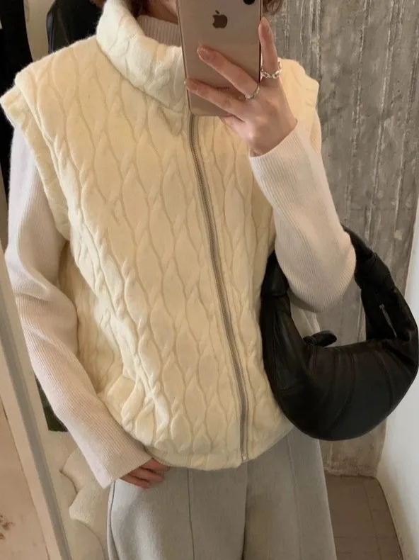 

Autumn Winter Women's Faion Twist Svel Vest Stand Collar Zipper Design ort Outerwear Small Size Layering Top
