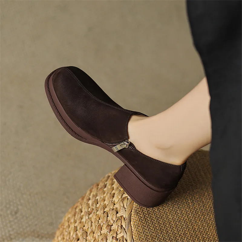 2023 New Autumn Genuine Leather Loafers French Round Toe Chunky Heel Winter Women Pumps High Heels Shoes for Women Handmade