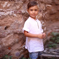 Estate nuovi ragazzi lino t-shirt a maniche corte tinta unita Casual sciolto per bambini girocollo in cotone e lino top TZ418