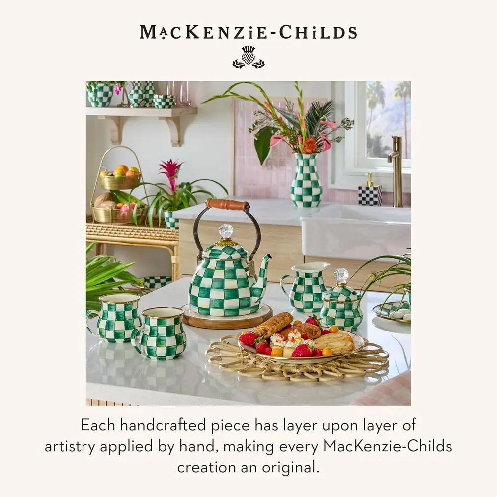 Enamel Whistling Tea Kettle, Decorative Teapot, Green-and-White Emerald Check