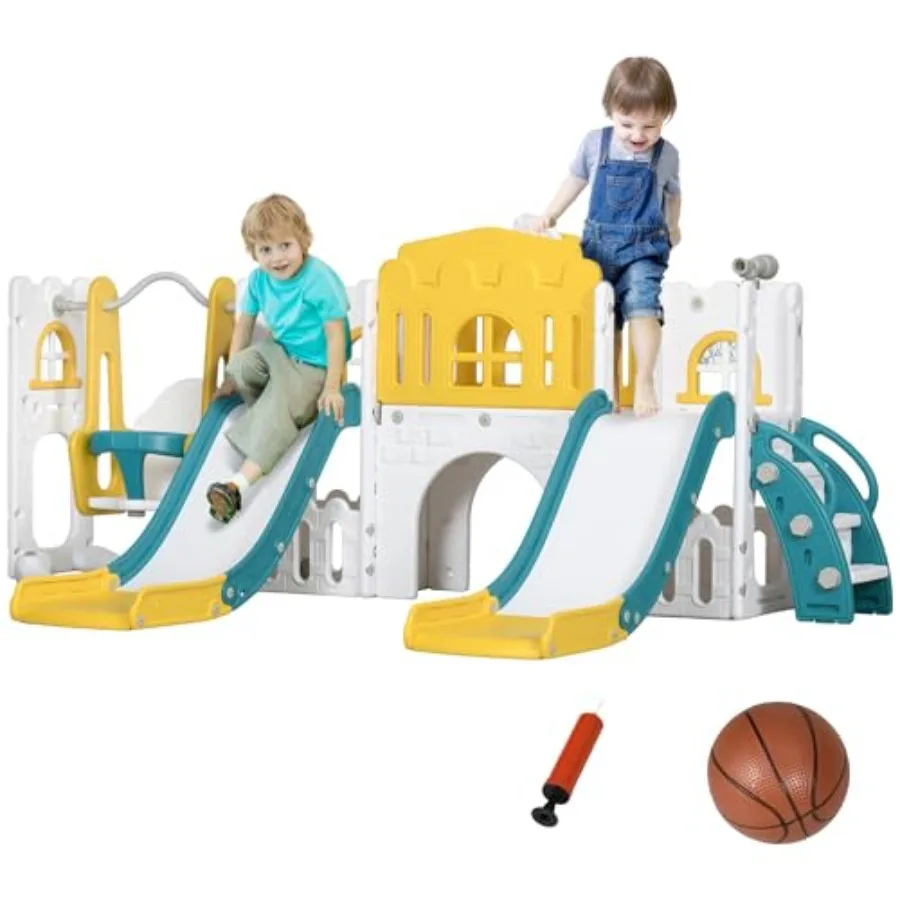 Conjunto de escorregador e balanço para crianças 8 em 1, com 2 escorregadores, escorregador para bebês de 13 anos com cesta de basquete, alpinista, corredor, volante, stora