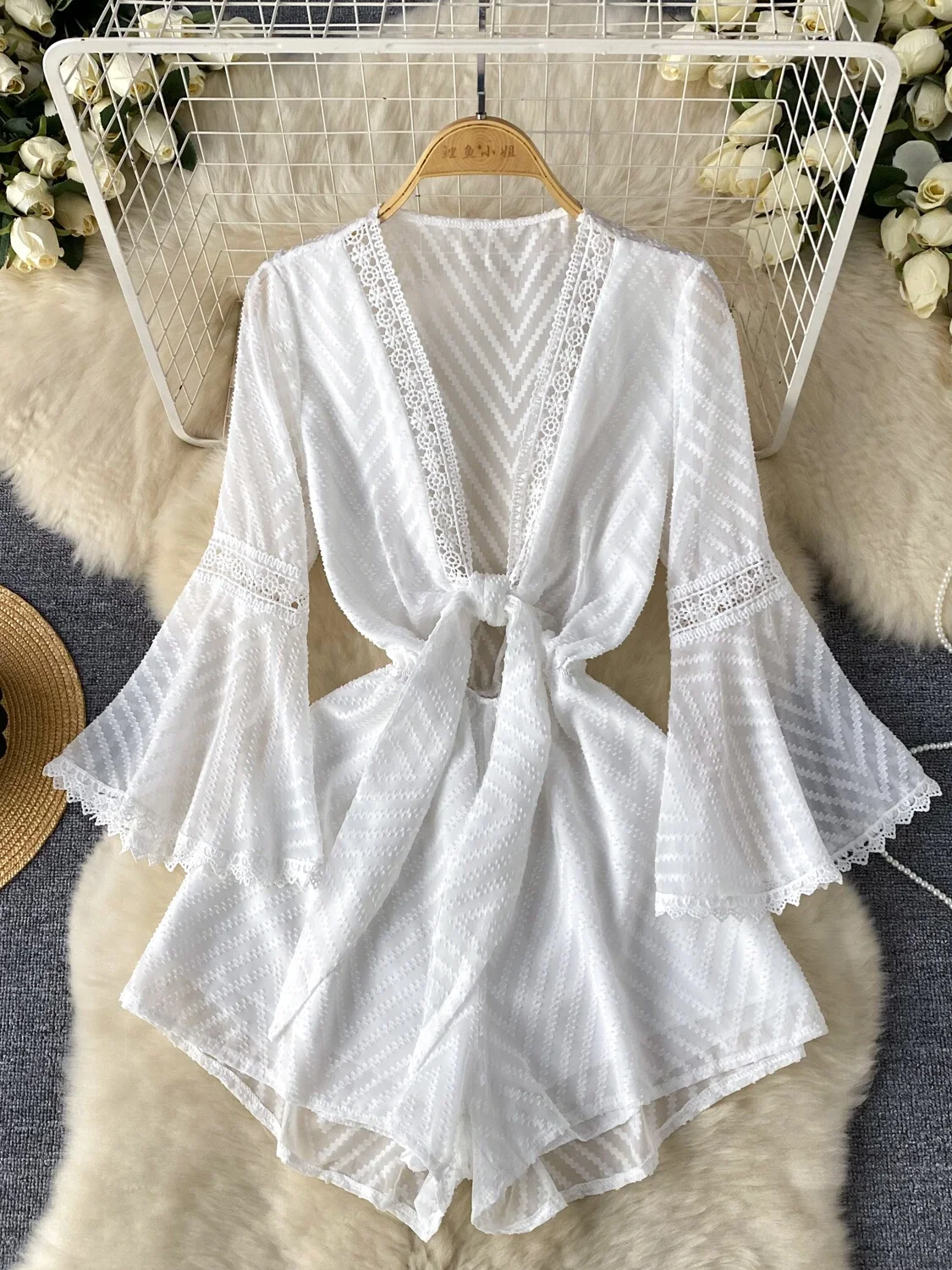 

Foamlina Summer Sexy Hollow Out Playsuits Women Sweet Floral Lace Trim Bow-tied Deep V Neck Flare Sleeve Wide Leg Shorts Rompers