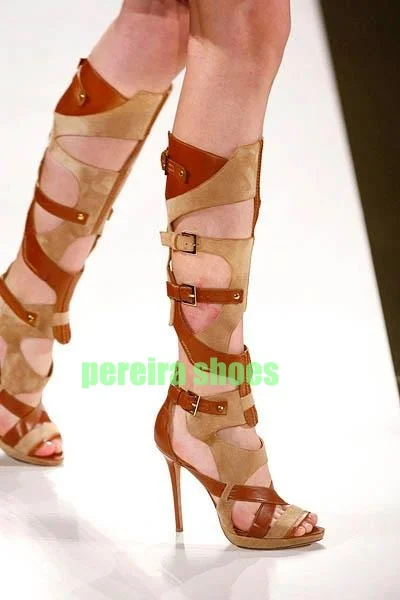 

Женские замшевые сапоги до колена в стиле гладиатора с вырезами и открытым носком, пряжкой и ремешком, сапоги до колена на каблуке, полый дизайн, разноцветные туфли-лодочки, размер