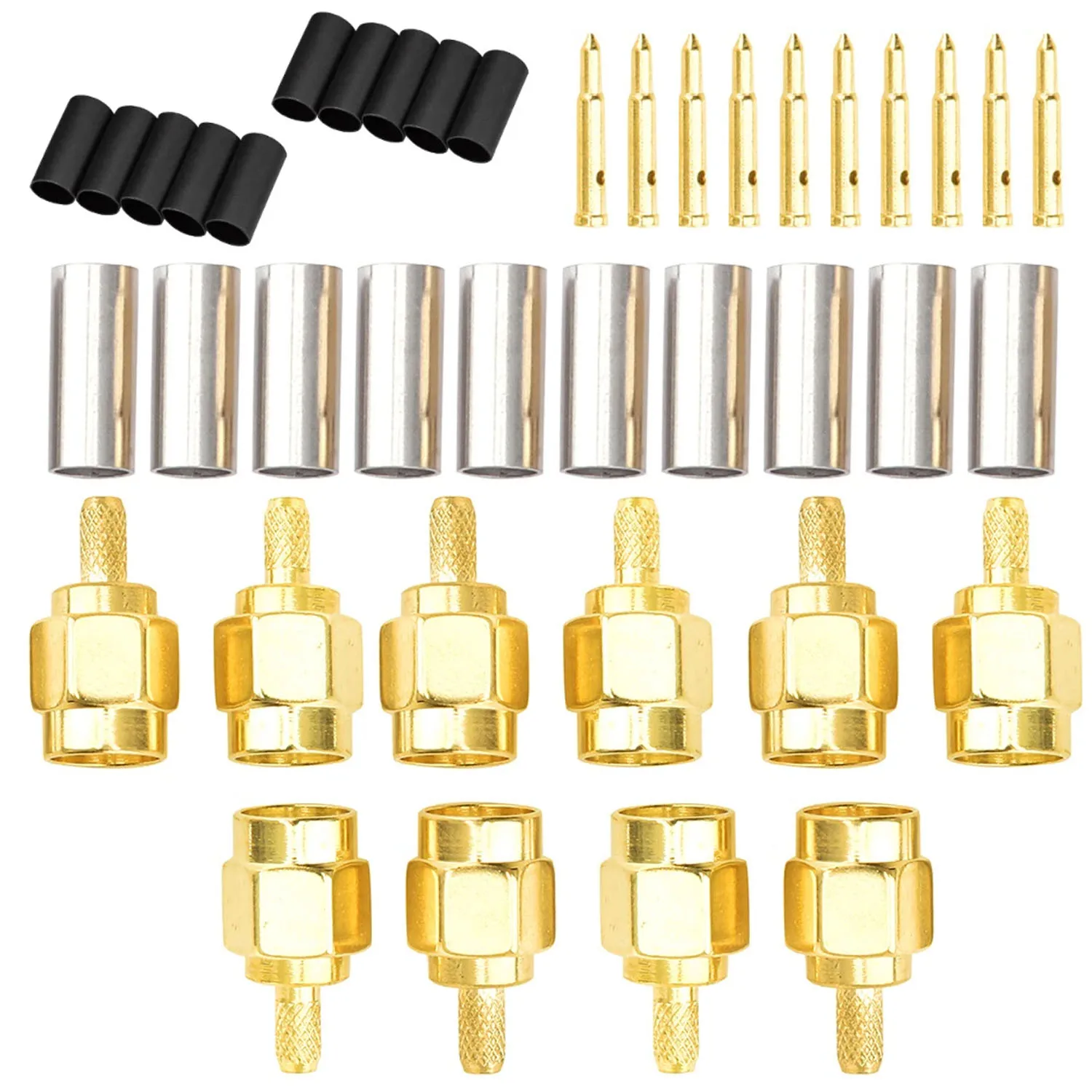 10PCS SMA Connectors Kit RF Coaxial Adapter Male Female Plug Jack 50 Ohm Crimp Type for RG174 RG316 Cable with Heat Shrink Tube