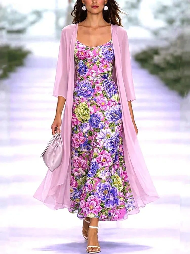 

Sexy V Neck High Waist Sling Dress With Chiffon Long Cardigan Outfit Fashion Flower Print Slim Bodycon Dress Suit Women 2pcs Set