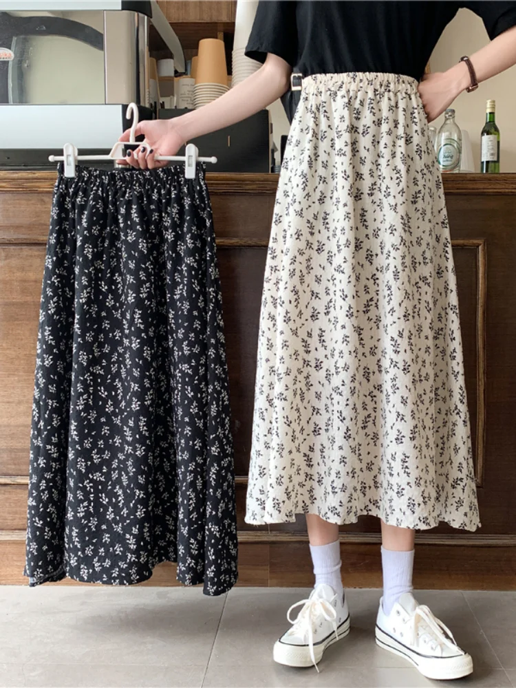 Retro Floral Skirt For Women 2024 Summer New High Waist Slim Long A-Line Skirts Black Temperament Elastic Waist Ladies Clothing